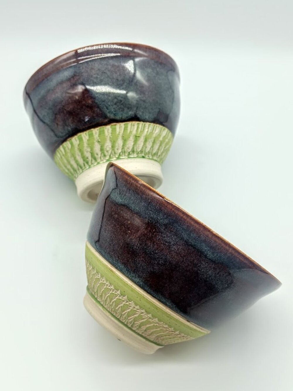 Pair of 2 Drip Glazed Green Textured Base Art Pottery Bowls